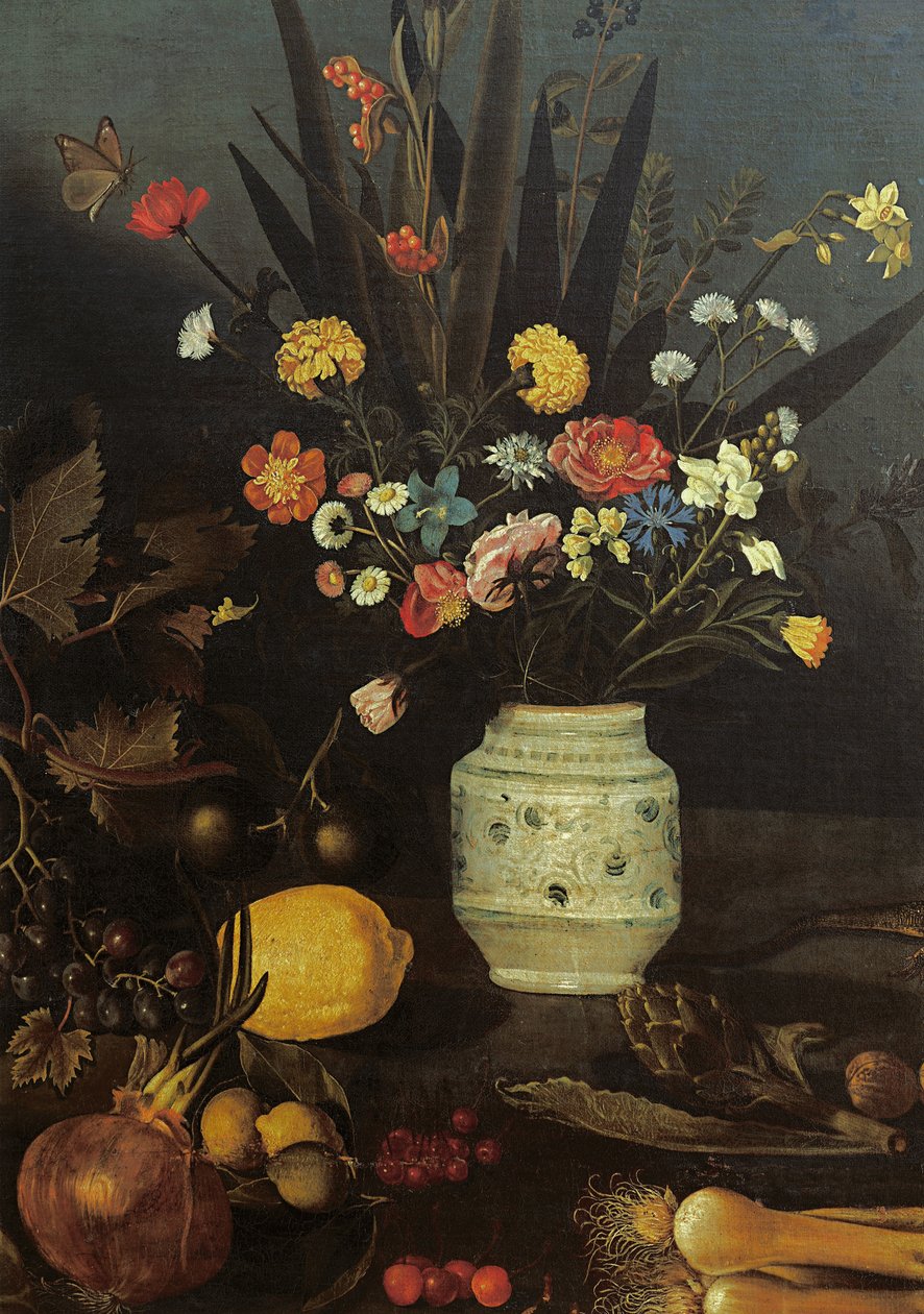 Asetelma kukilla ja kasveilla (öljy kankaalle) (624933:n yksityiskohta) tekijältä Michelangelo Merisi da Caravaggio