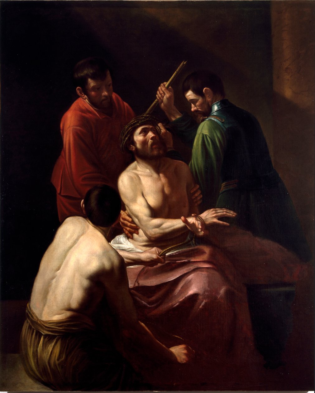 Michelangelo Merisin maalaus Piilojen kruunajaksi Caravaggio tai il Caravaggio (1571-1610) (äskettäin nimetty) Koko 203x166 cm Geenit, San Bartolomeo della Certosan kirkko tekijältä Michelangelo Merisi da Caravaggio