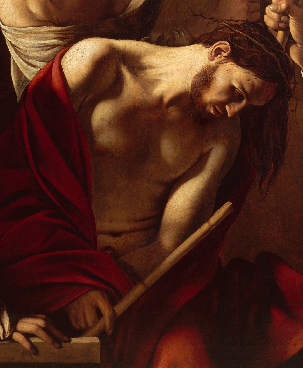 The Crowning with Thorns (yksityiskohta), n. 1603 (öljy kankaalle) tekijältä Michelangelo Merisi da Caravaggio