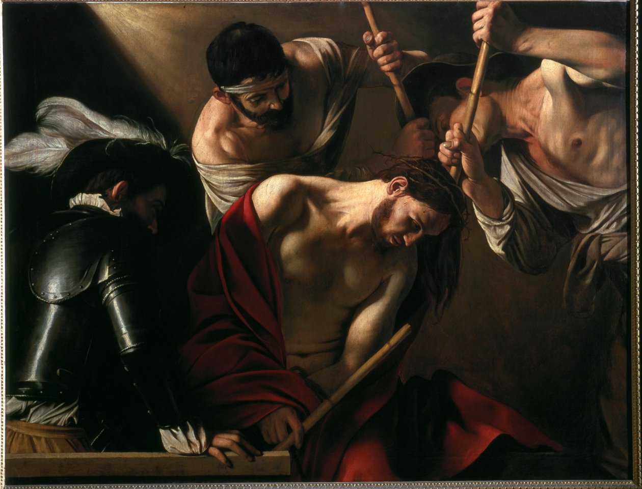 The Crowning with Thorns (öljy kankaalle, n. 1602-1604) tekijältä Michelangelo Merisi da Caravaggio