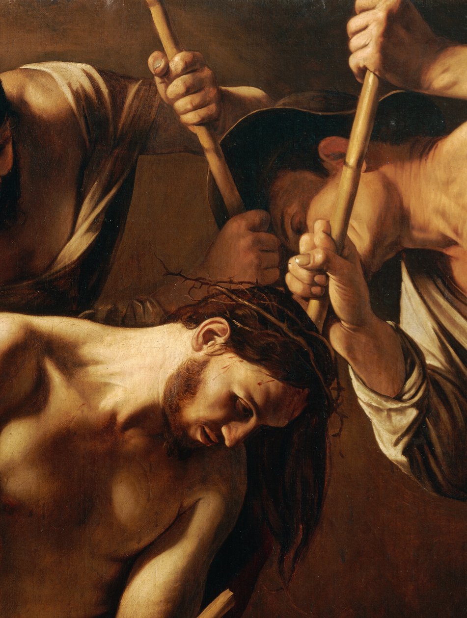 The Crowning with Thorns, n. 1603 (öljy kankaalle) (yksityiskohta 507206) tekijältä Michelangelo Merisi da Caravaggio
