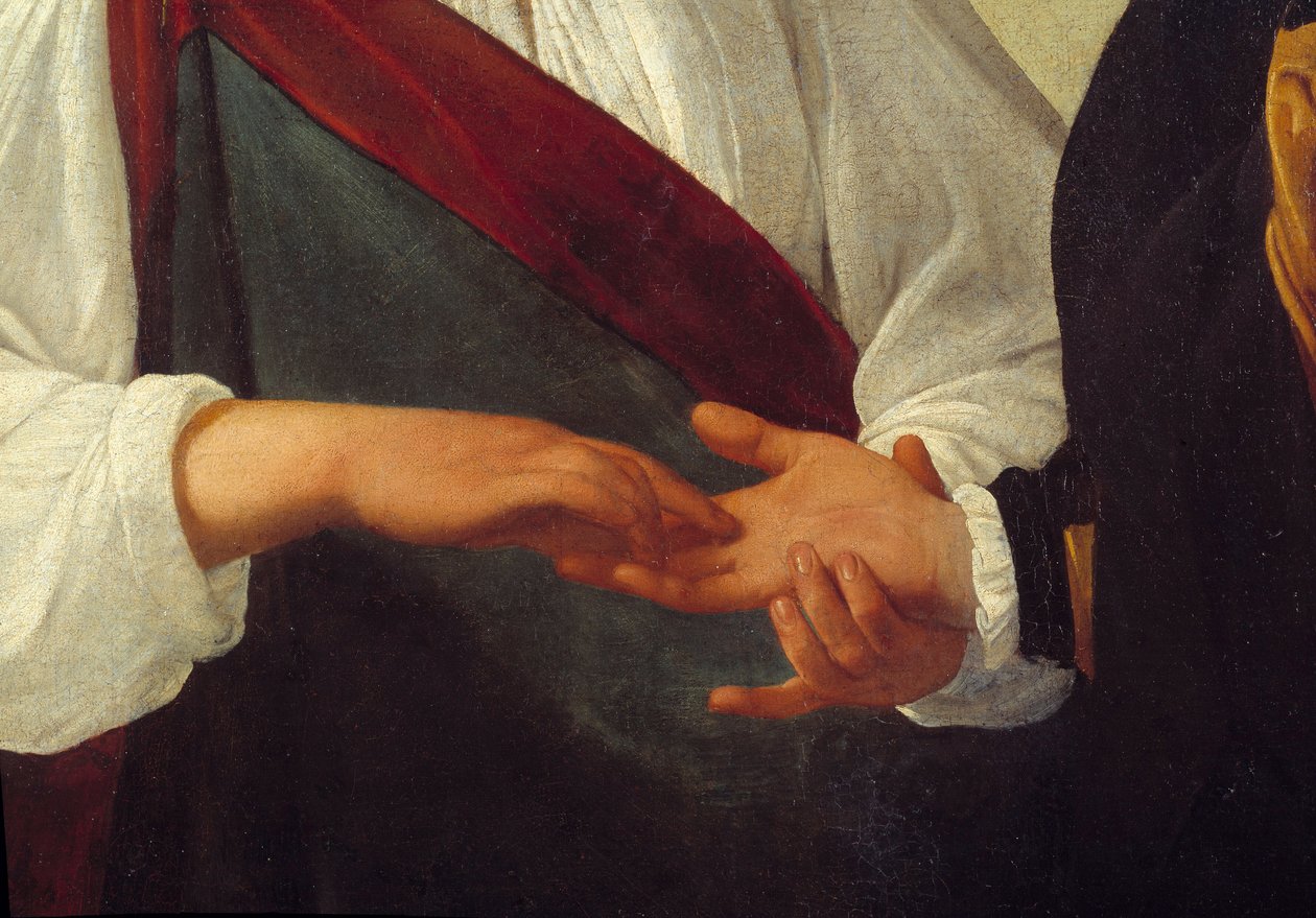 Ennustaja Yksityiskohta, joka edustaa asiakkaan kättä ojennettuna naisen kädessä, joka lukee hänen kämmenensä viivoja. Michelangelo Merisi da Caravaggio dit Le Caravaggio (n. 1571-1610) maalaus su. 0,99 x 1,31 m tekijältä Michelangelo Merisi da Caravaggio
