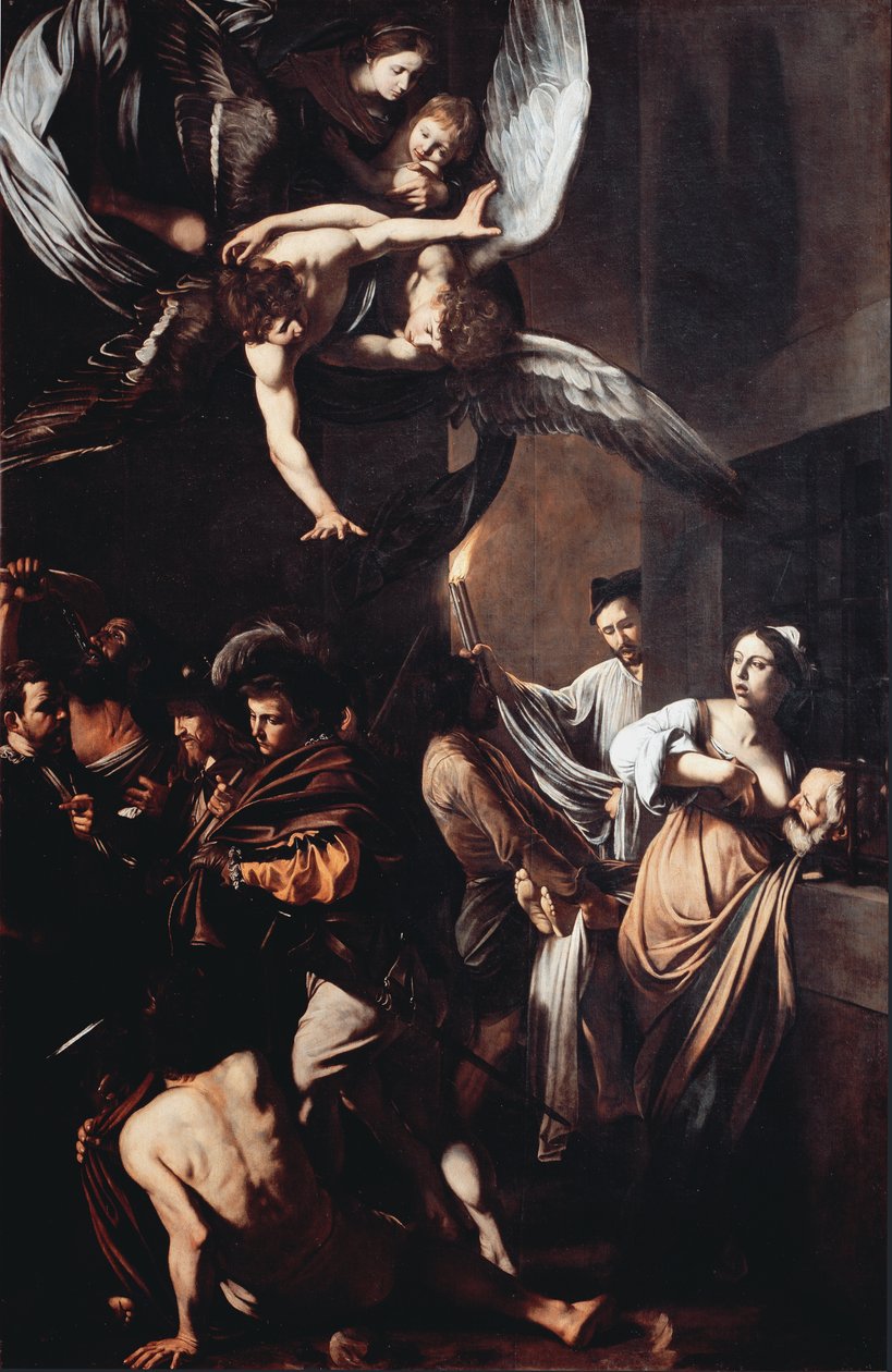 Misericorden seitsemän teosta (Sette opere di misericordia). Cimon tuomitsee nälkään vankilassa ruokkii tyttärensä Peron (Roman Charity) rintaa ja taustalla mies kantaa liekeissä olevaa soihtua vetääkseen ulos ruumiista. Yläosassa neitsyellä on t tekijältä Michelangelo Merisi da Caravaggio