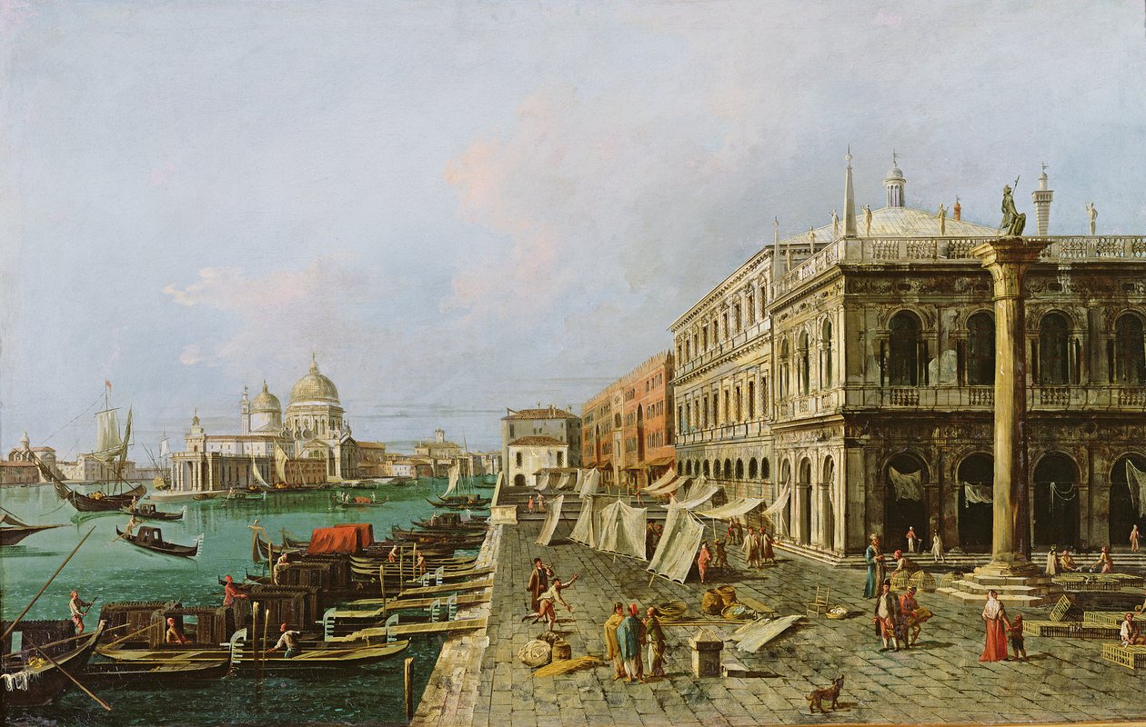 Näkymä Molosta Palazzo della Zeccan edessä, taustalla Santa Maria della Salute, Venetsia tekijältä Michele Marieschi