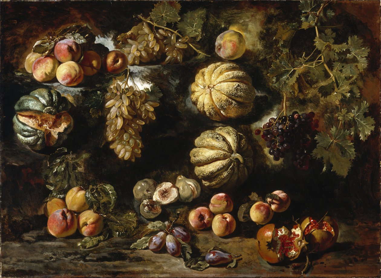 Asetelma melonien, persikoiden, viikunoiden ja viinirypäleiden kanssa, c. 1640-1650 tekijältä Michele Pace del Campidoglio