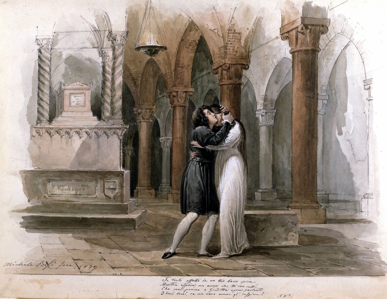Vincenzo Bellinin I Capuleti e i Montecchi (Les Capulet et les Montaigu), esitys Fenice-teatterissa Venetsiassa. Giuditta Pasta ja Giulia Grisi esittävät Romeo ja Julia. Akvarelli Michele Bisi tekijältä Michele Bisi
