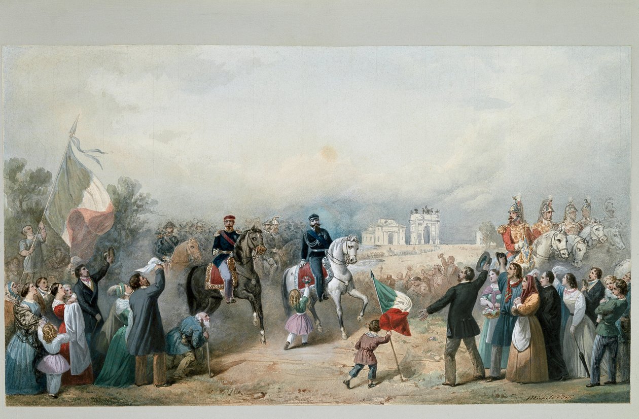 Sardinian kuninkaan Vittorio Emanuele II:n ja Napoleon III:n riemuvoitto Milanossa 8. kesäkuuta 1859 (akvarelli tekijältä Michele Bisi