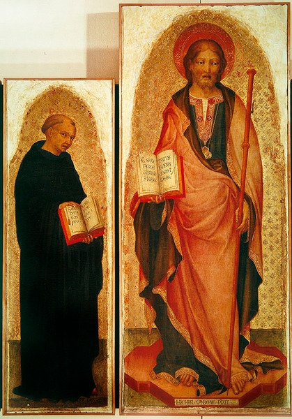 Pyhä Jaakob pyhimysten kanssa, yksityiskohta Pyhästä Jaakobista ja Filippo Benizzistä, n. 1450 (tempera kullalla) (256989:n yksityiskohta) tekijältä Michele Giambono