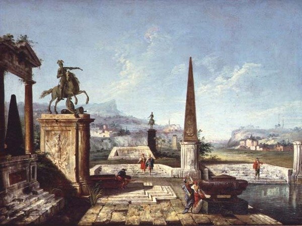 Klassisten monumenttien capriccio, obeliski sotilaiden kanssa altaan äärellä ja vuoria sen takana (öljy kankaalle) tekijältä Michele Marieschi