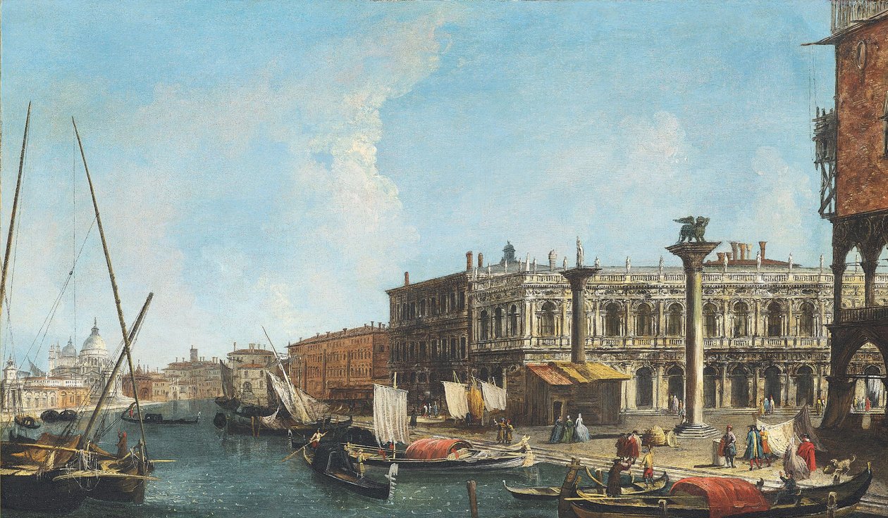 Venetsian Grand Canal -kanaalin sisäänkäynti, oikealla Piazetta ja Libreria Marciana, vasemmalla Dogana ja Santa Maria della Salute. tekijältä Michele Marieschi