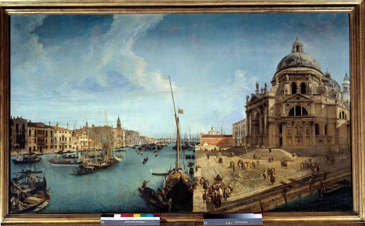 Näkymä Grand Canalin sisäänkäynnille ja Venetsian Salute-kirkolle Michele Marieschin (1710-1741) maalaus 1700-luvun su. 1,25x2,13 m tekijältä Michele Marieschi
