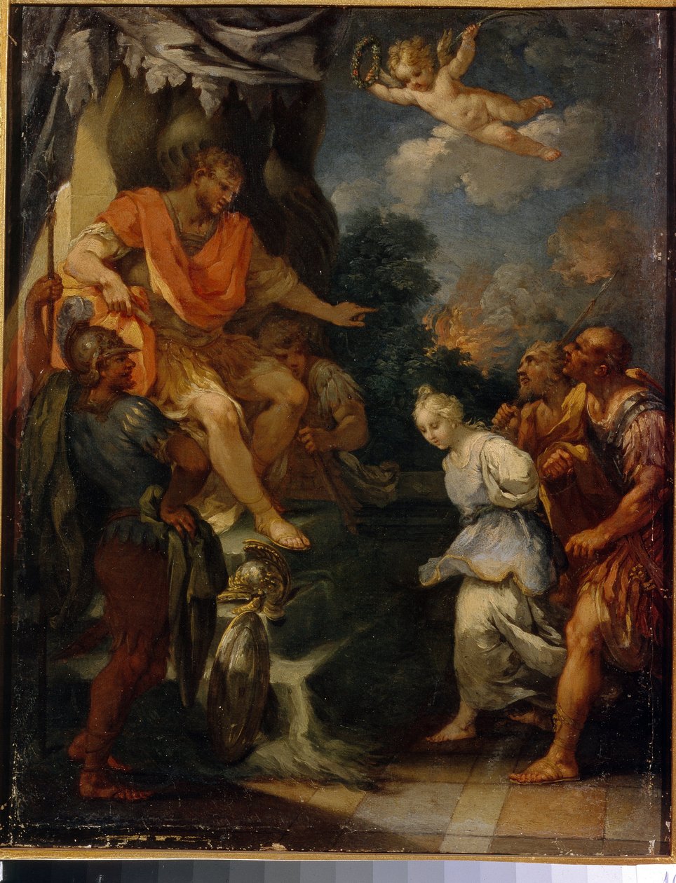 Marttyyri prokonsulin edessä. (Kristityjen vaino Rooman valtakunnassa). Michele Roccan maalaus (noin 1670-noin 1751), öljy kankaalle. Italialainen taide (Parma), 1600-1700-luvun loppu, barokkitaide. Latvian tasavallan ulkomaantaiteen valtionmuseo, Riika (L tekijältä Michele Rocca