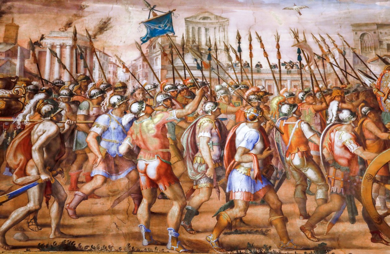 Konsuli Lucius Aemilius Pauluksen voitto Makedonian kuninkaan Perseuksesta (yksityiskohta), noin 1570 (fresko) tekijältä Michele and Rocchetti Jacopo Alberti