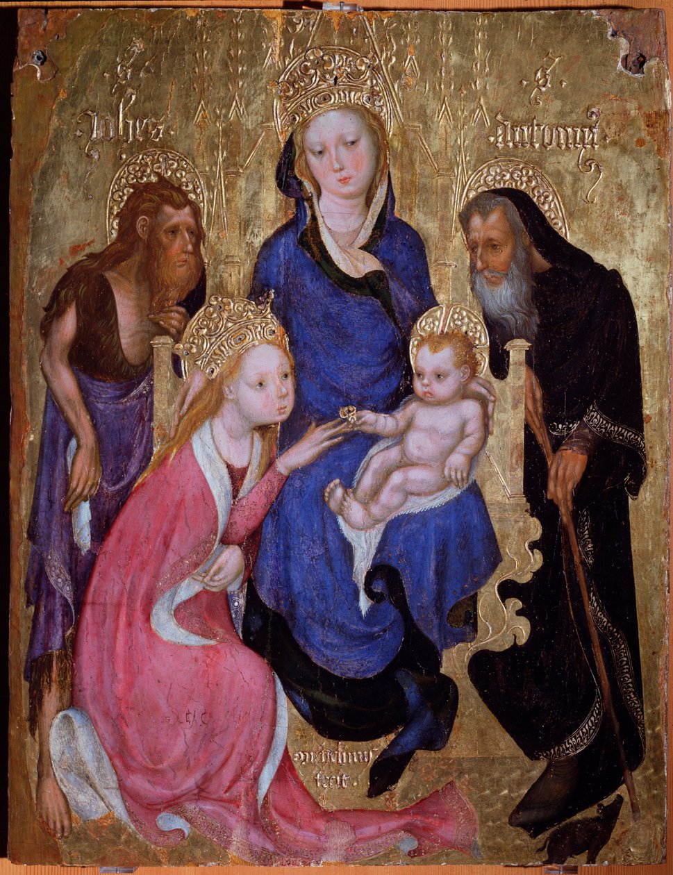 Pyhän Katariinan mystinen avioliitto pyhien Johannes Kastajan ja Anthony Egyptilaisen kanssa - Maalaus, noin 1420 tekijältä Michelino Molinari da (attr. to) Besozzo