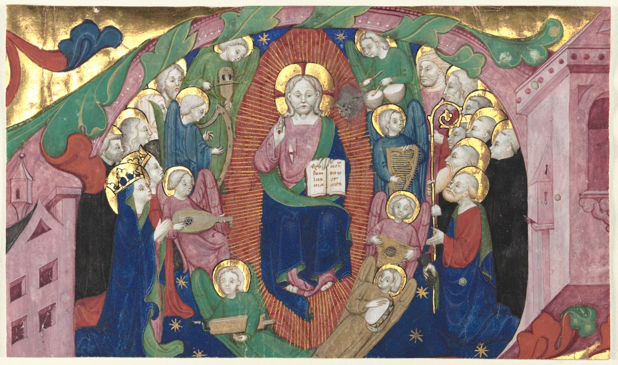 Katkelma historioidusta nimikirjaimesta kuorokirjasta: Kristus Majesteetissa, n. 1400. tekijältä Michelino Molinari da Besozzo