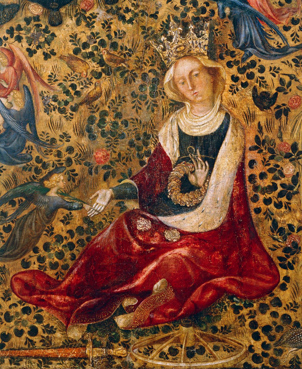Pyhä Katariina Aleksandrialainen, yksityiskohta Michelino da Besozzon (noin 1370-1455) tai Stefano da Veronan (noin 1374-1438) Madonna of Rose Gardenista, tempera paneelissa, 63x42 cm tekijältä Michelino Molinari da Besozzo