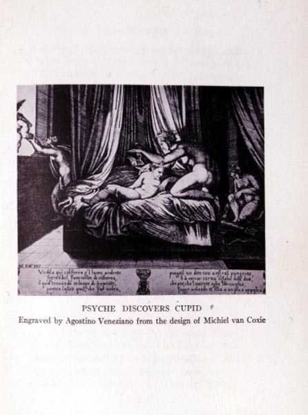 Psyche löytää Cupidon, kaiverrus Agostino Veneziano (1490-1540) tekijältä Michiel I after Coxie or Coxcie