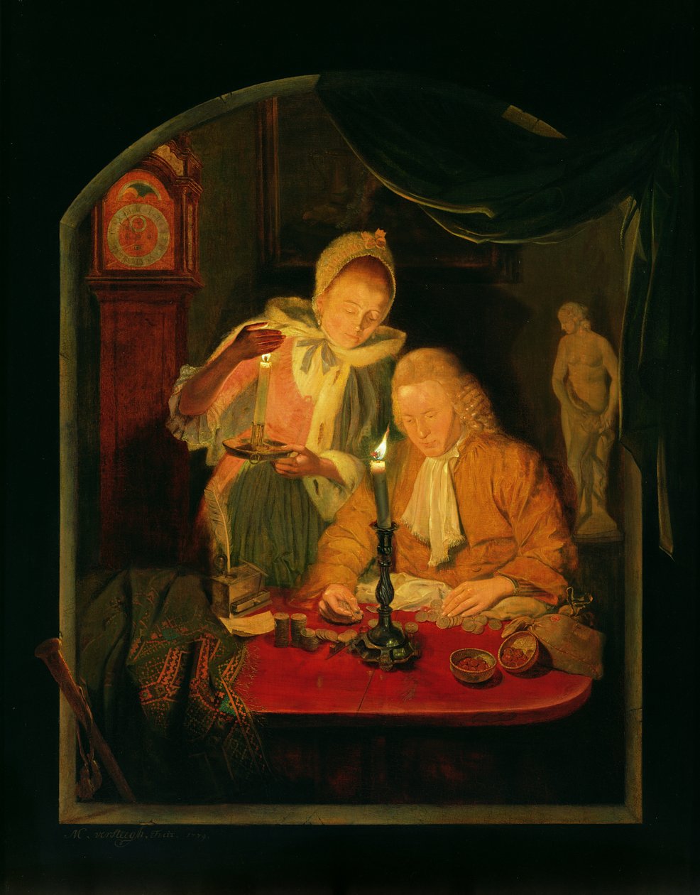 Pariskunta laskee rahaa kynttilänvalossa, 1779 (paneeli) tekijältä Michiel Versteegh