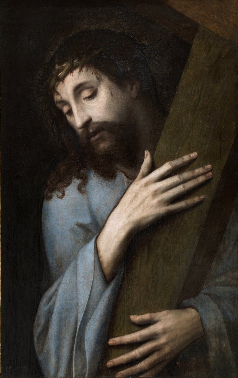 Jeesus ristin kanssa - Michiel Coxcie (Coxie, Coxien, De Coxien, De Coxcie, Coxius, Van Coxcie) maalaus (1499-1592), n. 1555 - Öljy puulle, 81x50 - Museo del Prado, Madrid tekijältä Michiel I Coxie or Coxcie