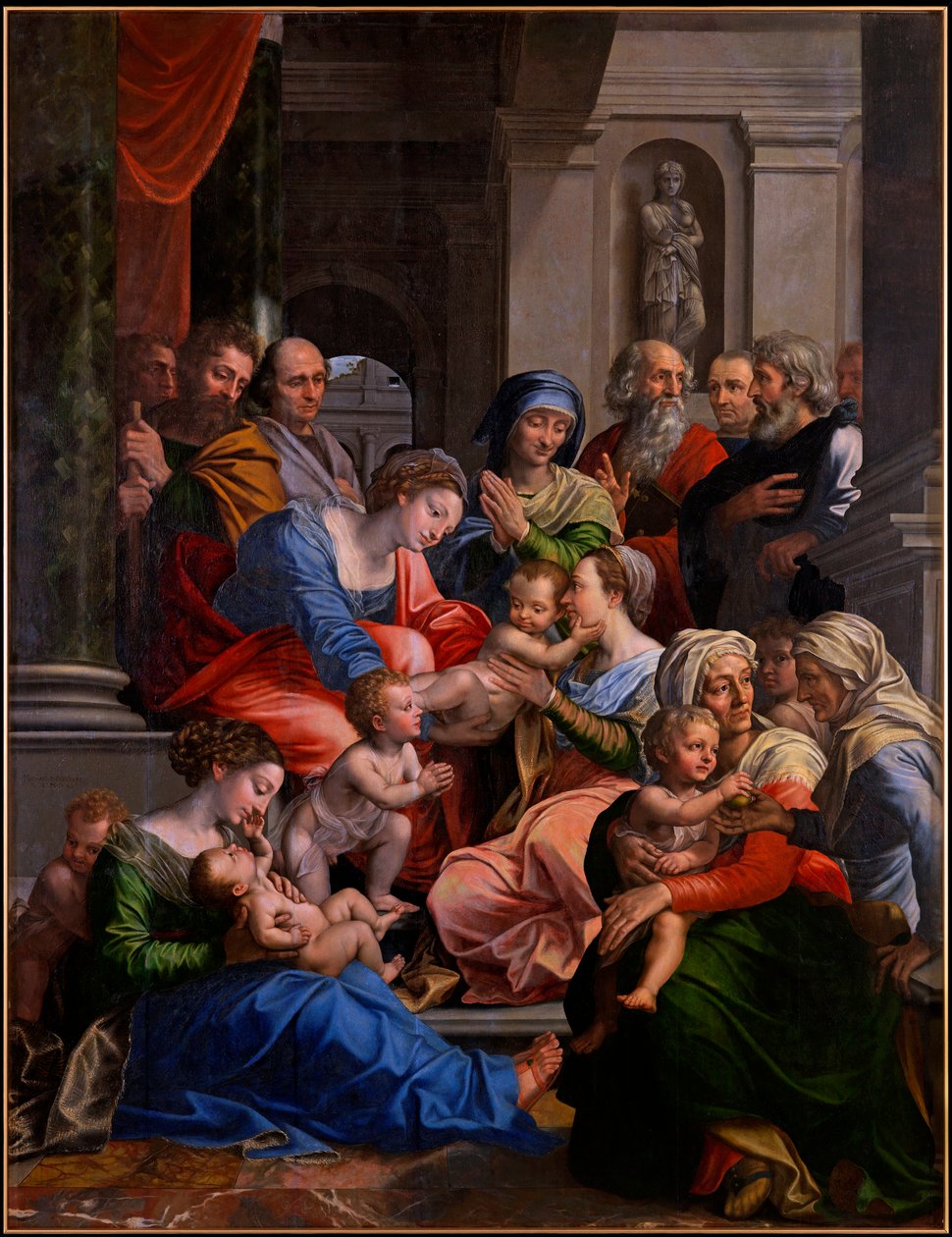 ""Pyhä sukulaisuus"" (Pyhä sukulaisuus) Michael Coxcien (Michiel Coxien) maalaus (De Coxien, De Coxcie, Coxius, Van Coxcie ja Coxie) (1499-1592) 1540 Öljy puulle Koko 245x191 cm Kremsmünster Abbey Itävalta tekijältä Michiel I Coxie or Coxcie
