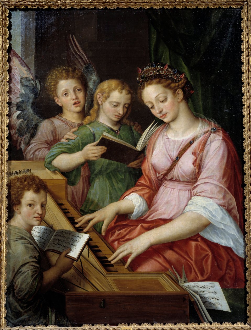 Saint Cecile soittaa cembaloa Michael Coxcien (Michiel Coxien) maalaus (De Coxien, De Coxcie, Coxius, Van Coxcie ja Coxie) (1499-1592) tekijältä Michiel I Coxie or Coxcie