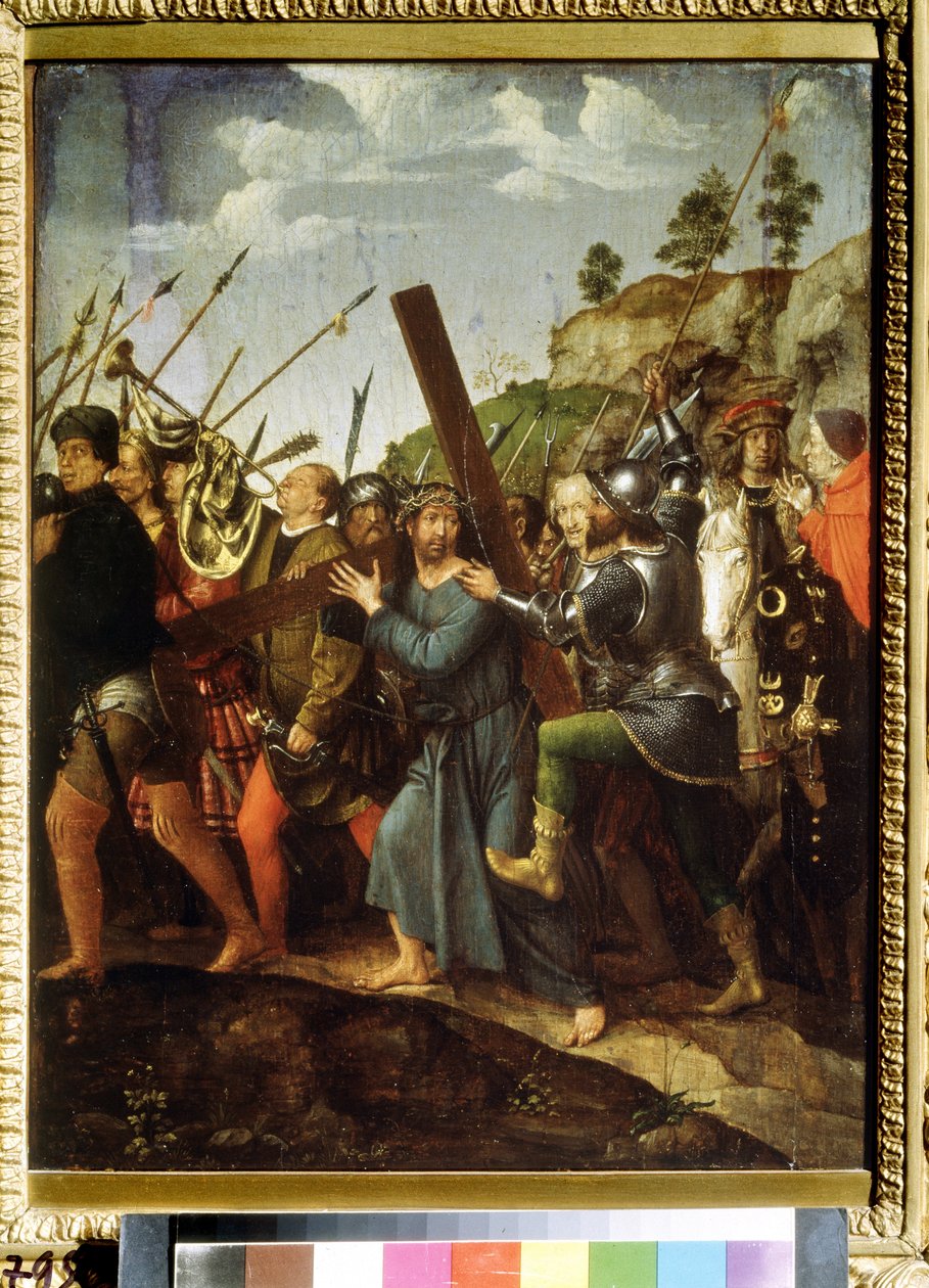 Kristus kantaa ristiä. (Kristus kantaa ristiä). Michael Sittowin (1460 tai 1468-1525) maalaus. Öljy kankaalle, 37,5 x 28,3 cm, noin 1518-1525. Hollantilainen taide, renessanssi. Pushkinin taidemuseo, Moskova. tekijältä Michiel Sittow
