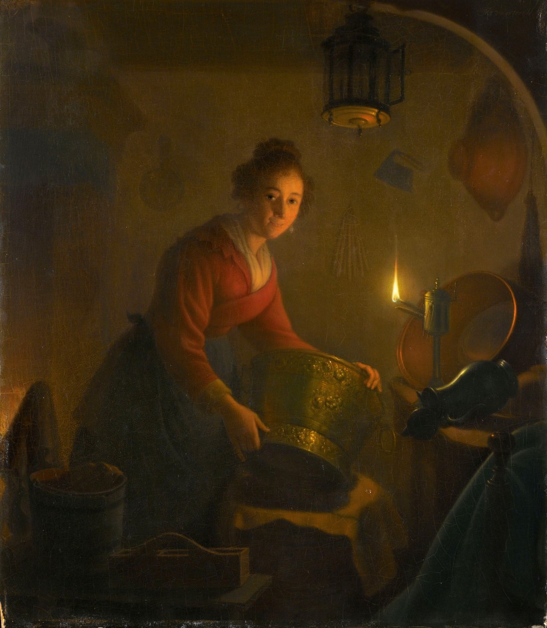 Nainen keittiössä kynttilänvalossa, n. 1830 (öljy paneelille) tekijältä Michiel Versteegh