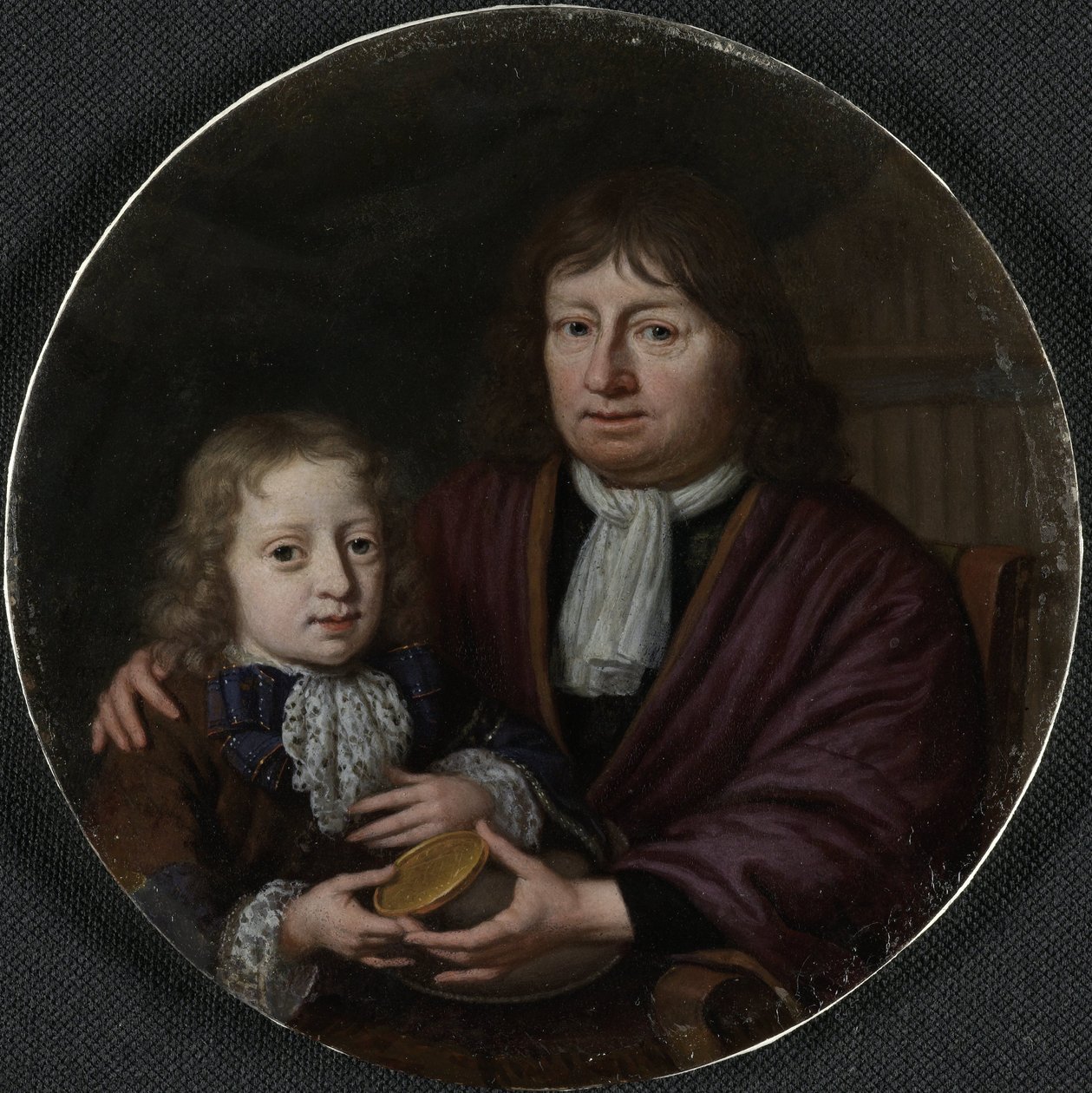 Isaac Pontanuksen ja Hendrik van Beekin kaksoismuotokuva Isaac Pontanus (1625-1710) antaa pojanpojalleen Hendrik van Beekille kultamitalin tekijältä Michiel van Musscher (signed by artist)