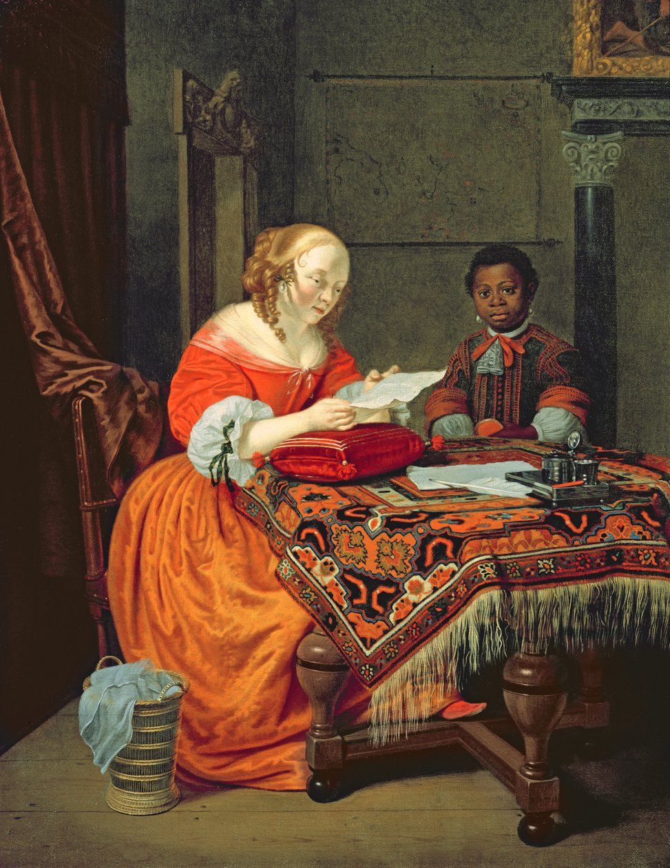 Nainen lukemassa kirjettä mustavalkoisen kanssa, 1670 tekijältä Michiel van Musscher