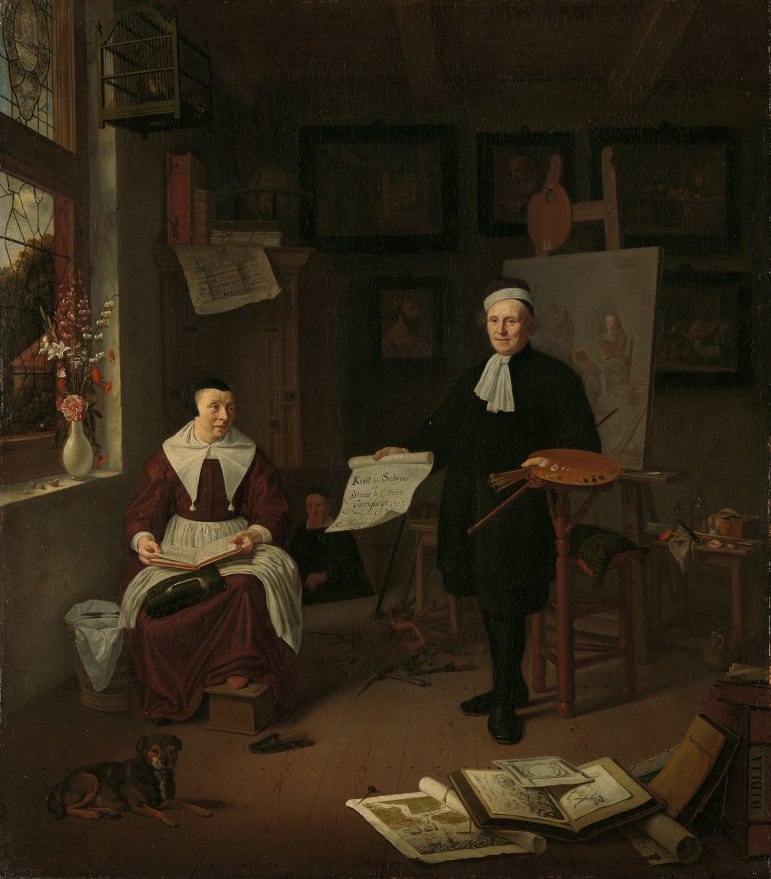 Muotokuva Michiel Comansista (1614-1687), kalligrafi, etseri, taidemaalari ja koulumestari, kolmannen vaimonsa Elisabeth van der Merschen kanssa tekijältä Michiel van Musscher