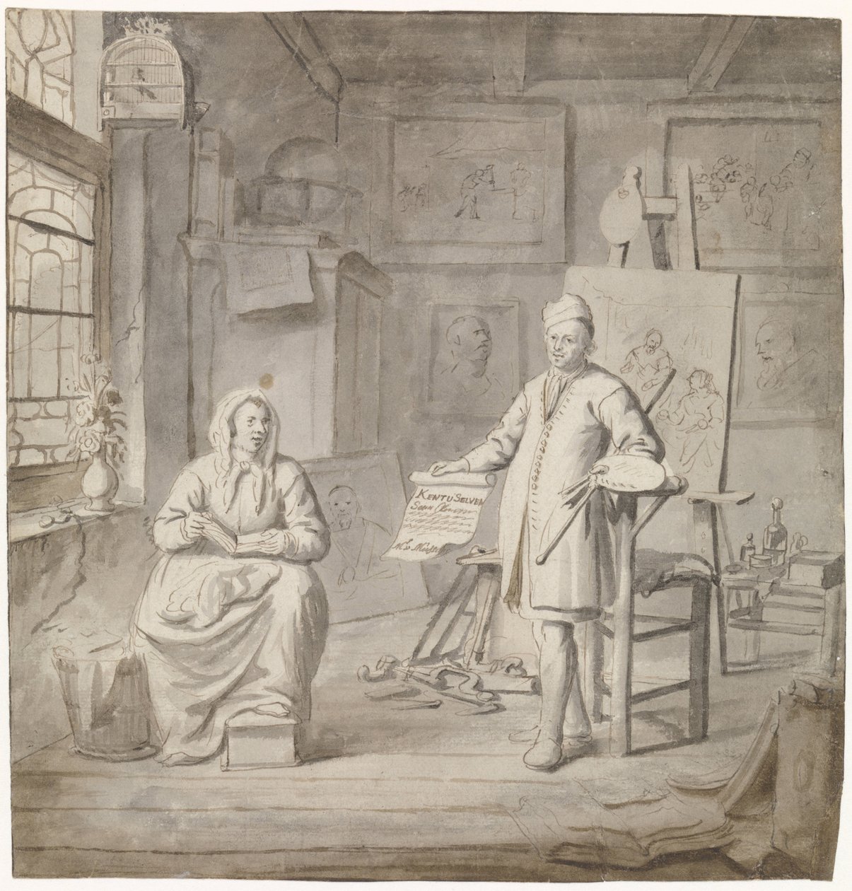 Taidemaalari Michiel Comans ja hänen kolmas vaimonsa Elisabeth van der Mersche studiossa tekijältä Michiel van Musscher