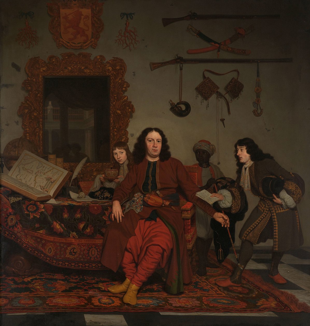 Thomas Hees ja hänen palvelijansa Thomas ja veljenpojat Jan ja Andries Hees Muotokuva Thomas Heesistä (s. 1634/35), asukas ja Algerin, Tunisin ja Tripolin hallitusten komentaja sekä hänen veljenpoikansa Jan (s. 1670/71) ja Andries (s. 1). tekijältä Michiel van Musscher