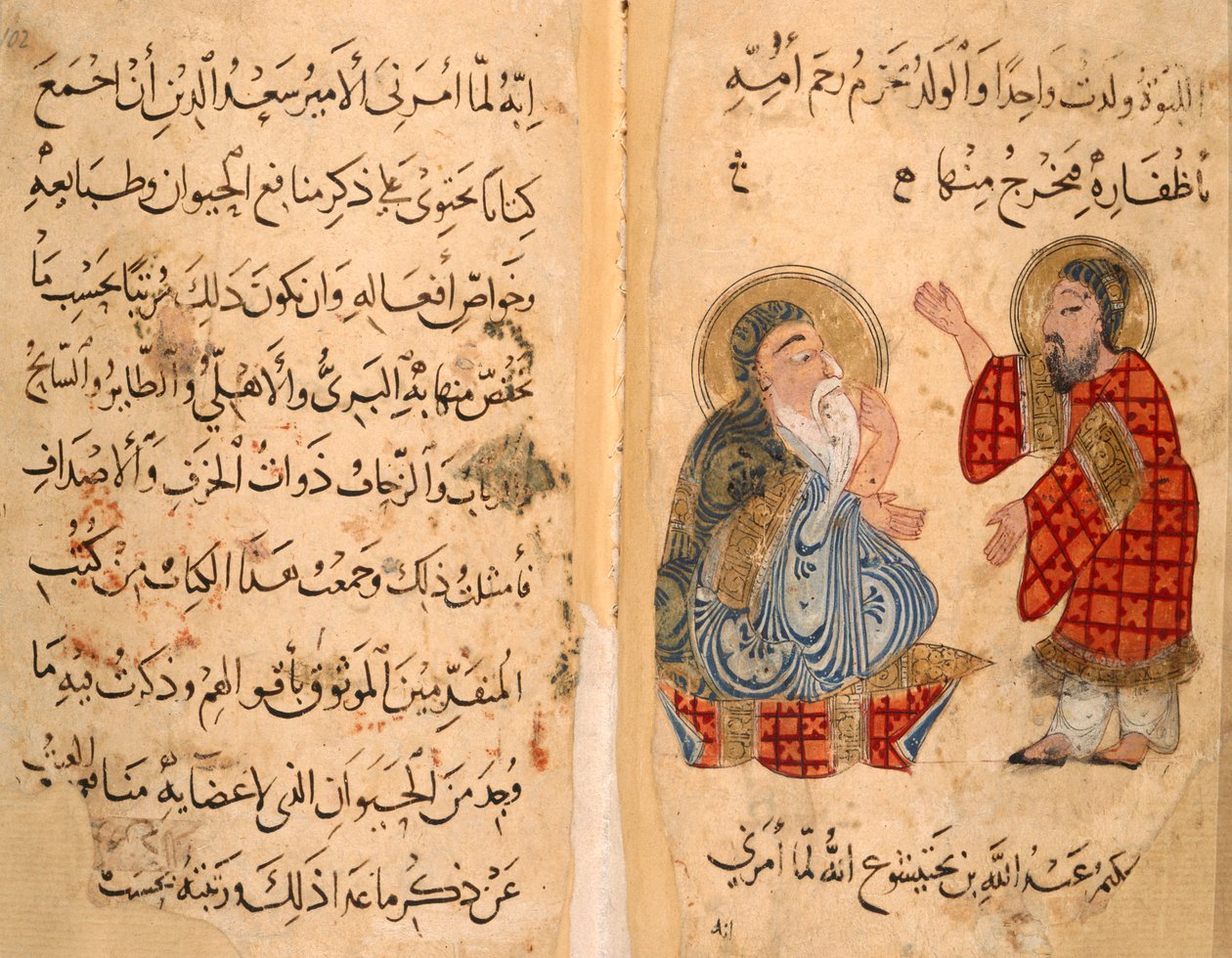 Tai. 2784, ff.101-101v Tekstisivu ja vastapäätä, Ibn Bakhtishu ja oppilas, kuvitus Aristoteleen ja ibn Bakhtishun kirjasta "Kitab Na