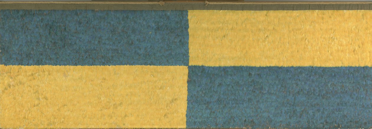 Paneeli suorakulmioilla sinistä ja keltaista höyhenkuviota, c. A.D.650-850 (höyhenet (sininen ja kultainen ara), puuvillakangas ja kamelin kuitukangas) tekijältä Middle Horizon Epoch 2A