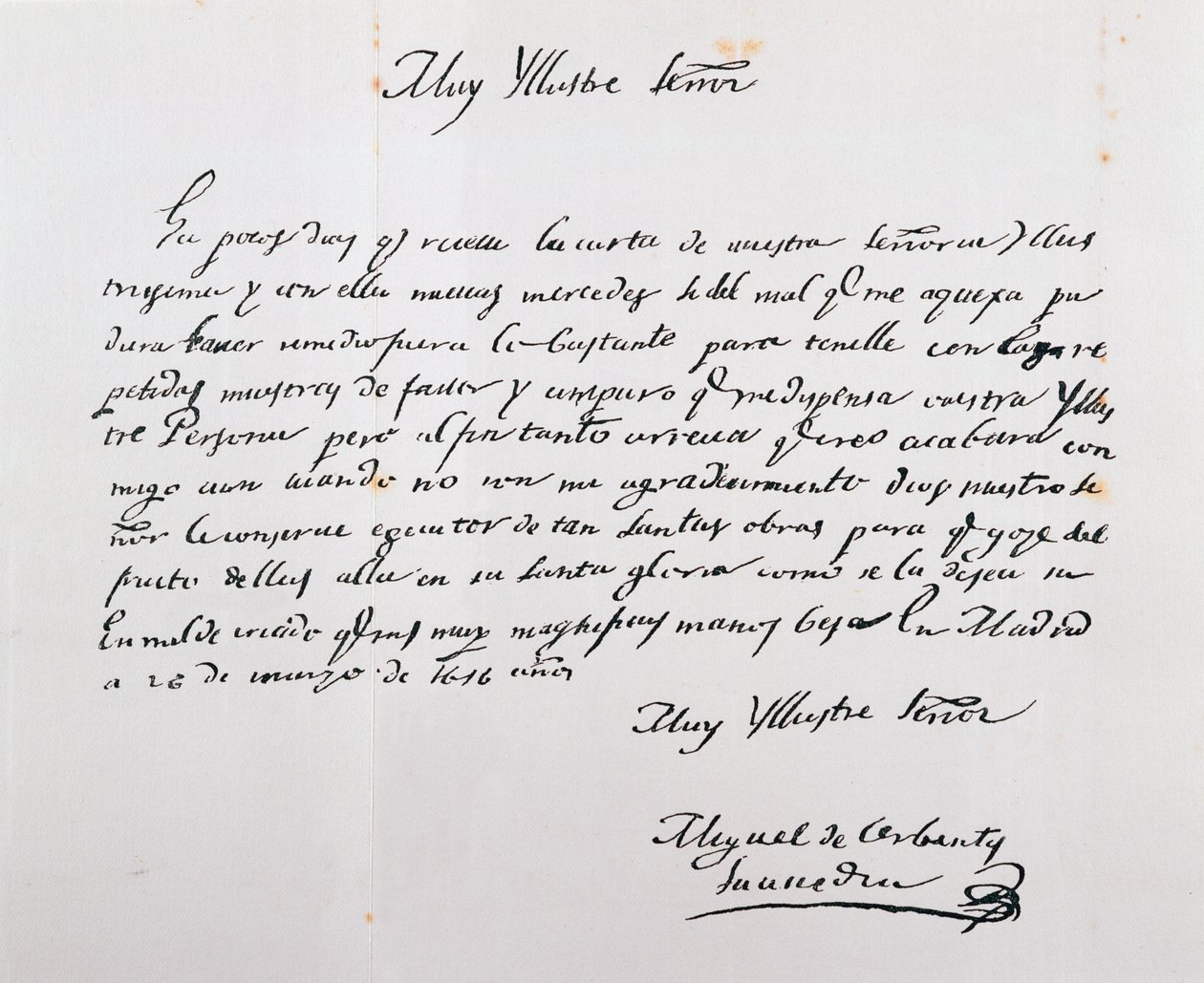Kirje Toledon arkkipiispalle 26. maaliskuuta 1616 (muste paperille) tekijältä Miguel de Cervantes Saavedra