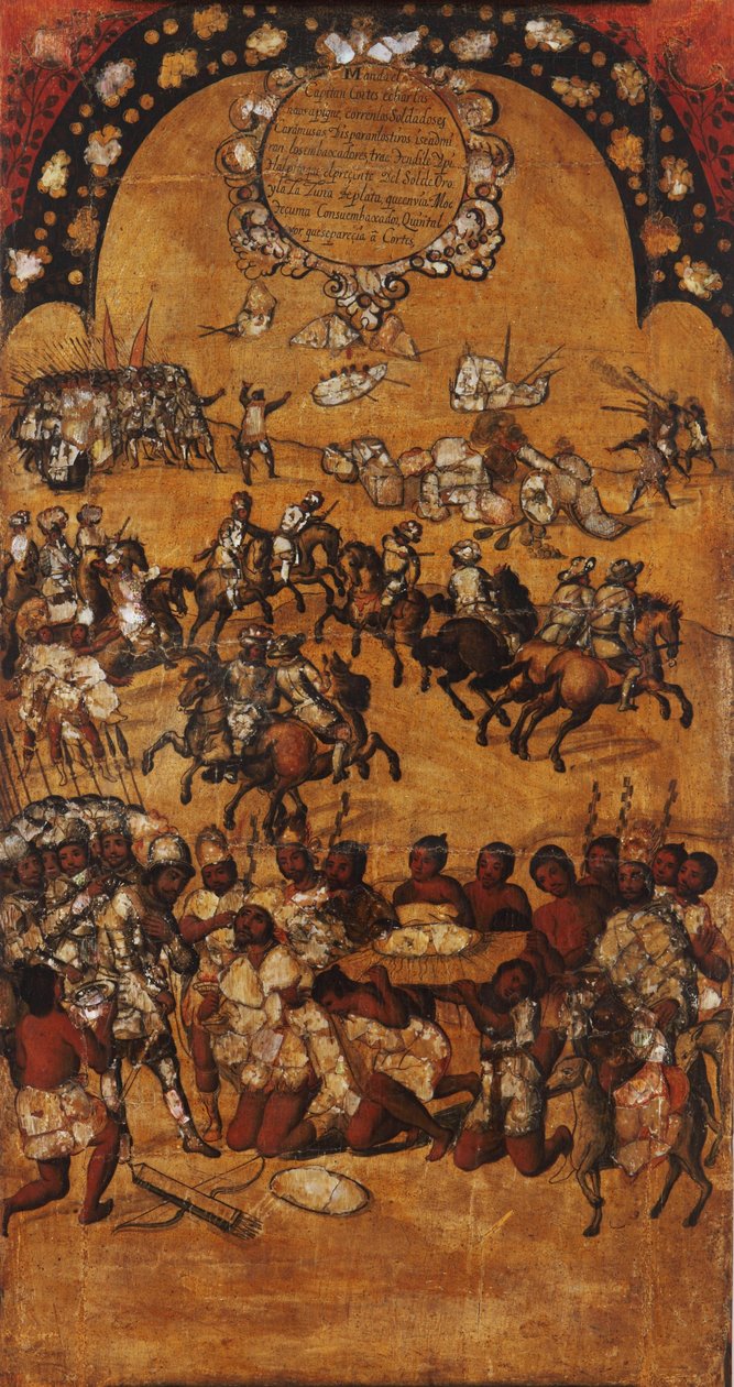 Meksikon valloitus, paneeli II, n. 1696-1715 (maali puulle) tekijältä Miguel Gonzalez