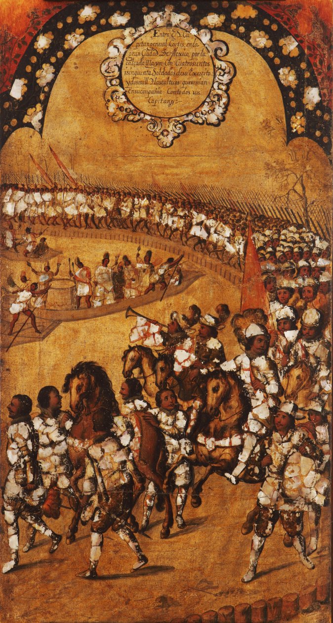 Meksikon valloitus, paneeli IX, n. 1696-1715 (maali puulle) tekijältä Miguel Gonzalez