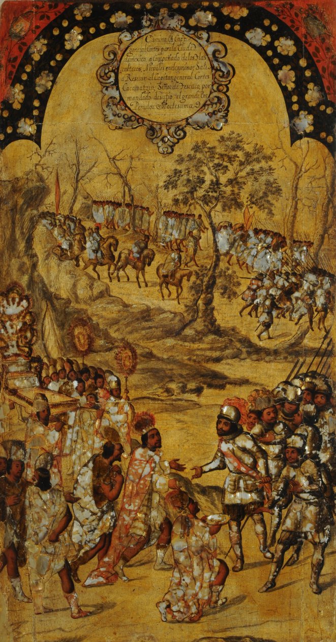 Meksikon valloitus, paneeli VIII, n. 1696-1715 (maali puulle) tekijältä Miguel Gonzalez
