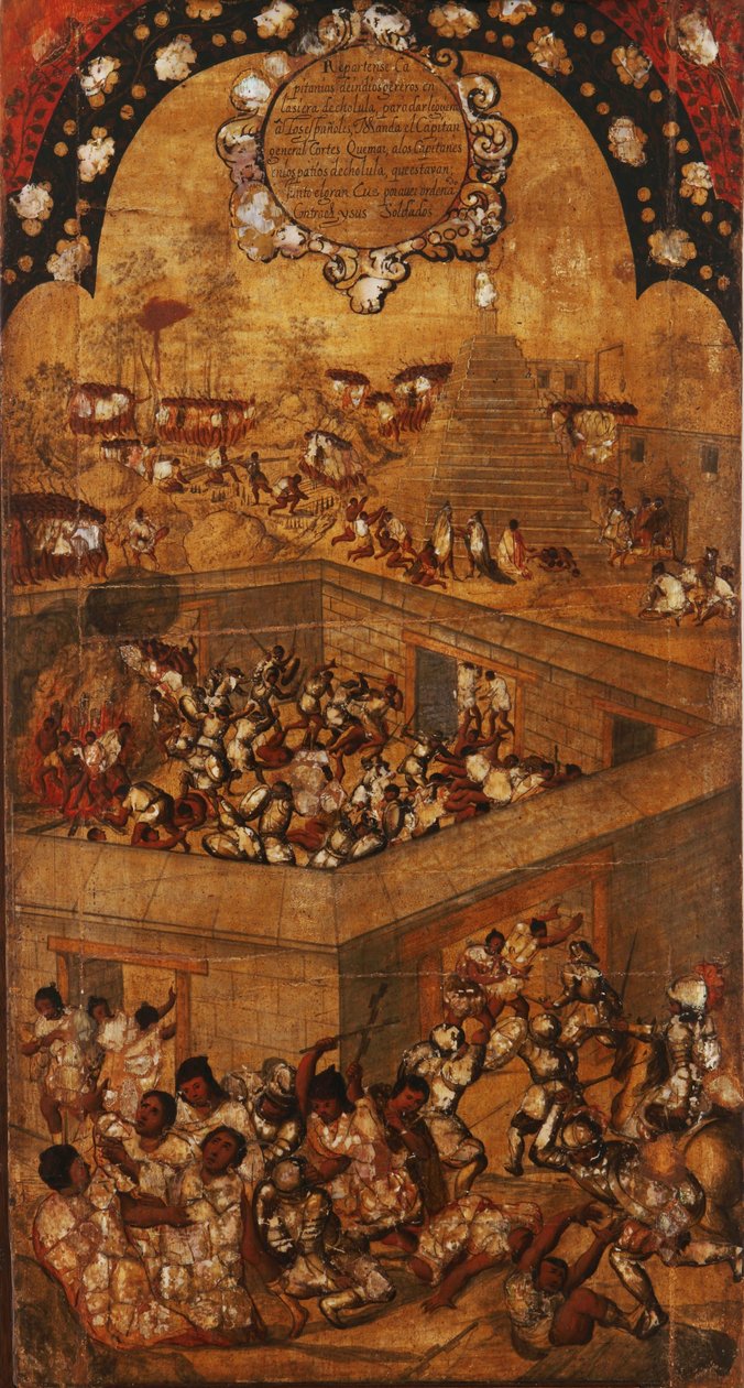 Meksikon valloitus, paneeli VII, n. 1696-1715 (maali puulle) tekijältä Miguel Gonzalez