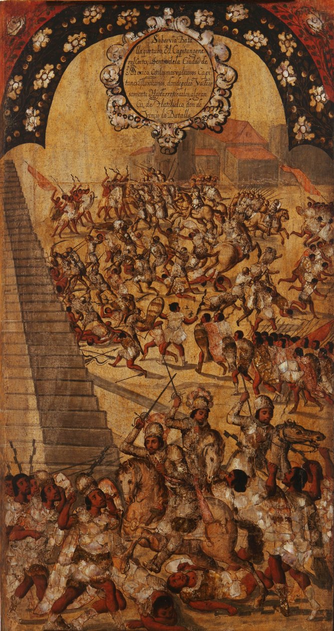 Meksikon valloitus, paneeli XVI, n. 1696-1715 (maali puulle) tekijältä Miguel Gonzalez