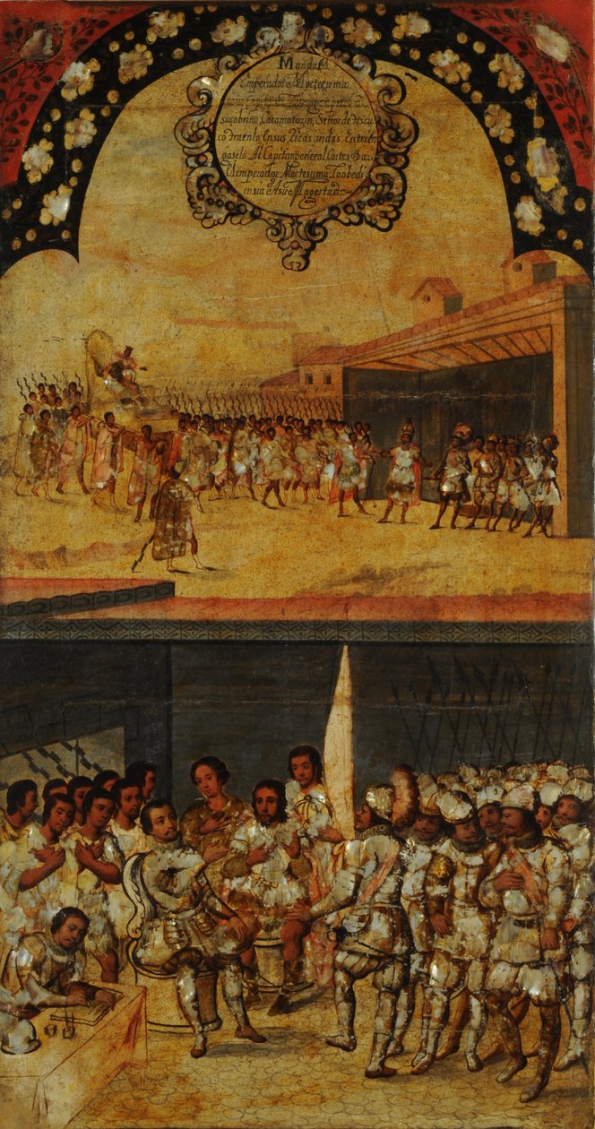 Meksikon valloitus, paneeli XV, n. 1696-1715 (maali puulle) tekijältä Miguel Gonzalez