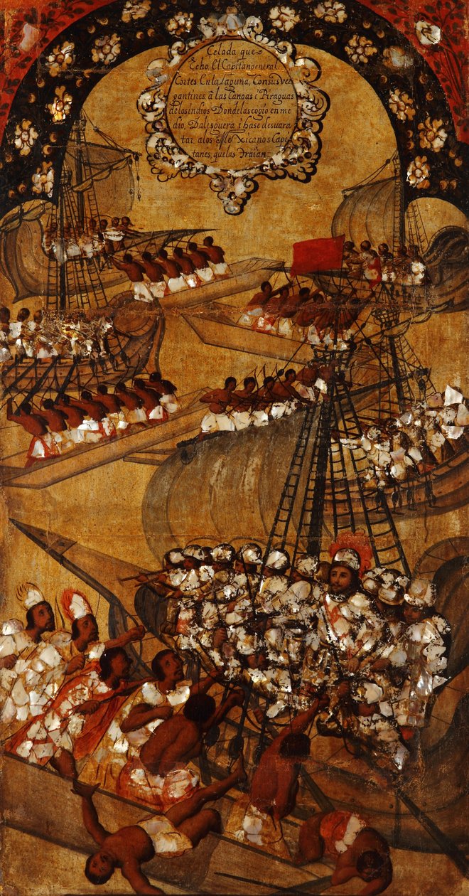Meksikon valloitus, paneeli XXII, n. 1696-1715 (maali puulle) tekijältä Miguel Gonzalez