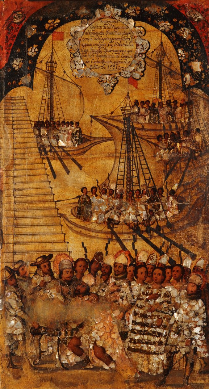 Meksikon valloitus, paneeli XXIV, n. 1696-1715 (maali puulle) tekijältä Miguel Gonzalez