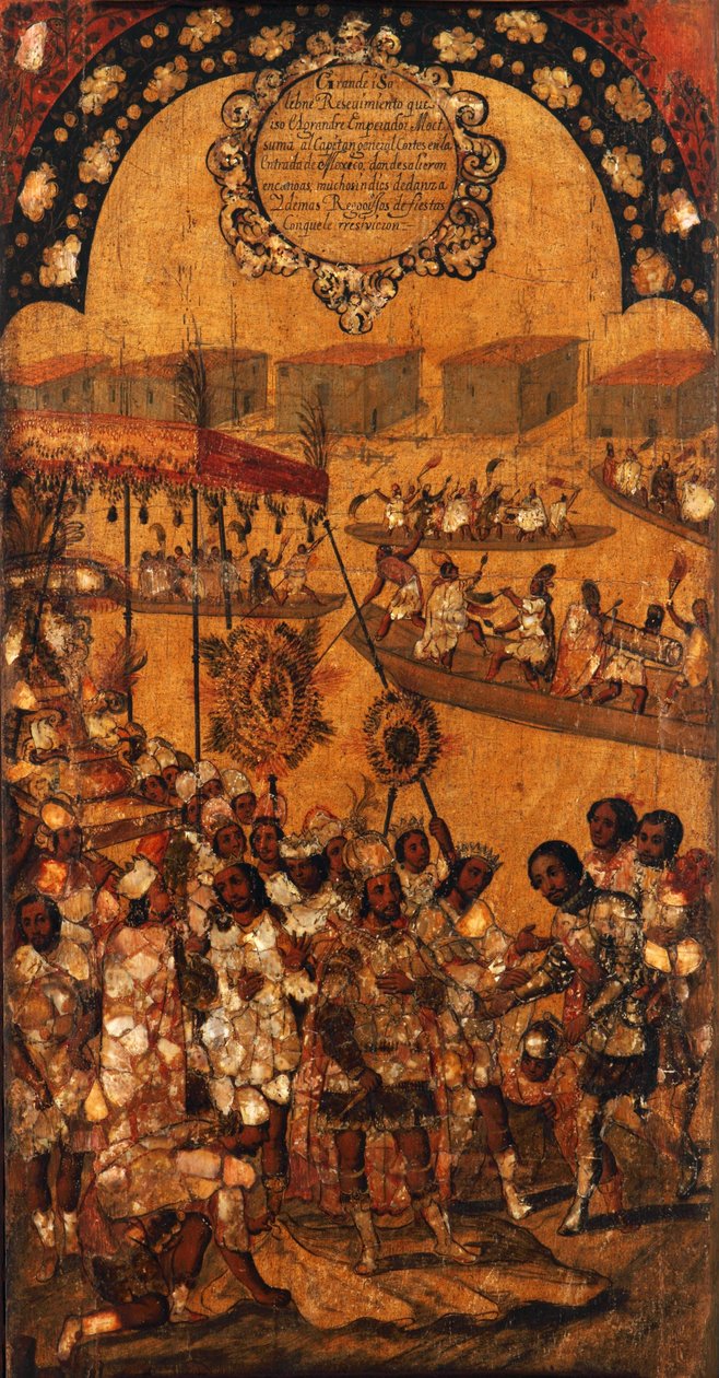 Meksikon valloitus, paneeli X, n. 1696-1715 (maali puulle) tekijältä Miguel Gonzalez
