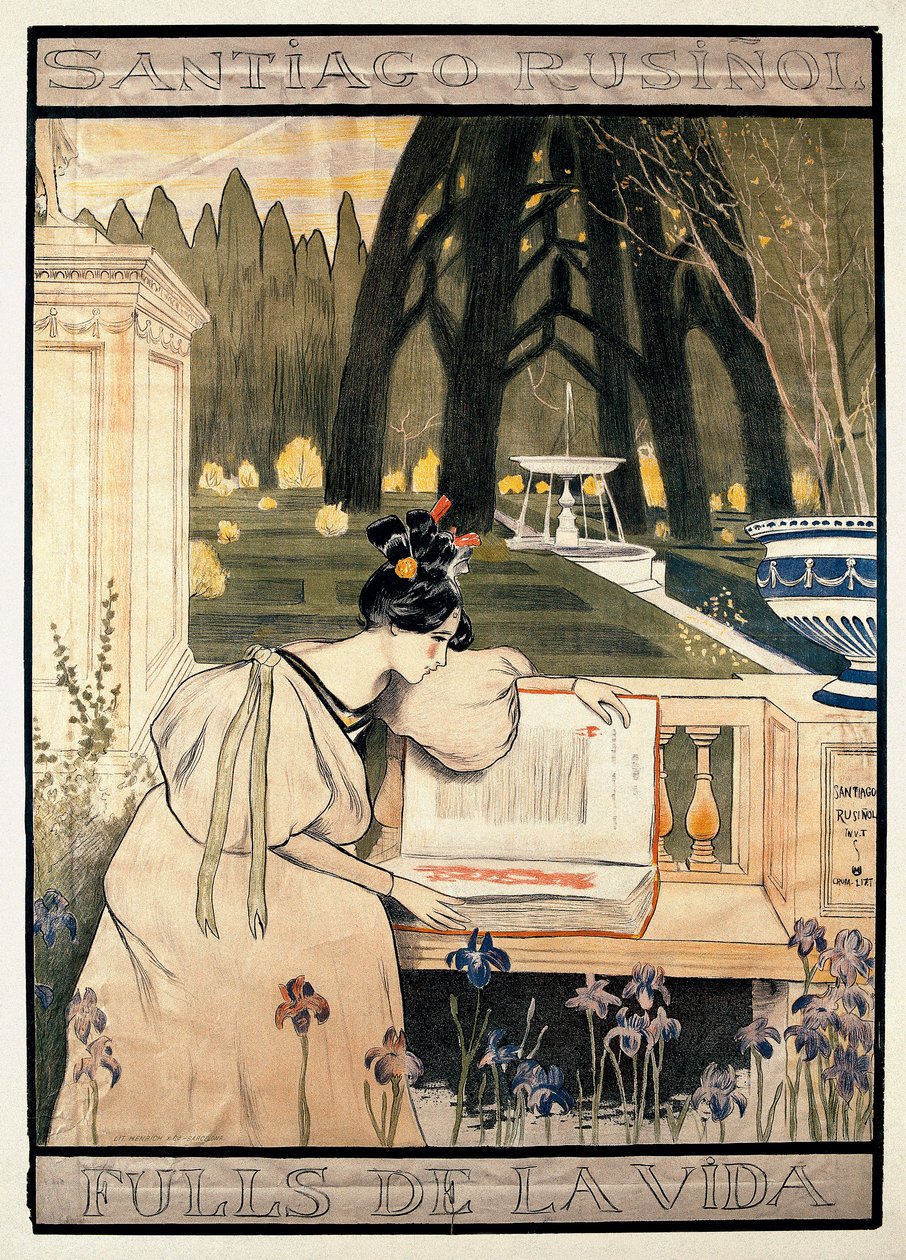 Julisteesitys Santiago Rusinol y:n (i) Pratsin (1861-1931) proosarunoja kuvaavasta litografiasarjasta "Elämän sivut" tekijältä Miguel Utrillo
