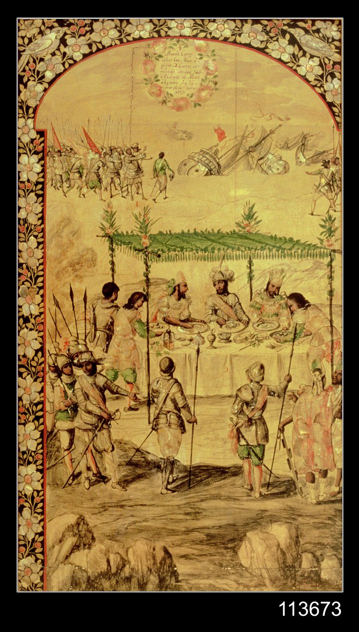 Meksikon valloitus: Hernando Cortes (1485-1547) määrää laivojen tuhoamisen ja tapaa Montezuman suurlähettiläiden (1466-1520) kanssa vuonna 1520 tekijältä Miguel and Juan Gonzalez
