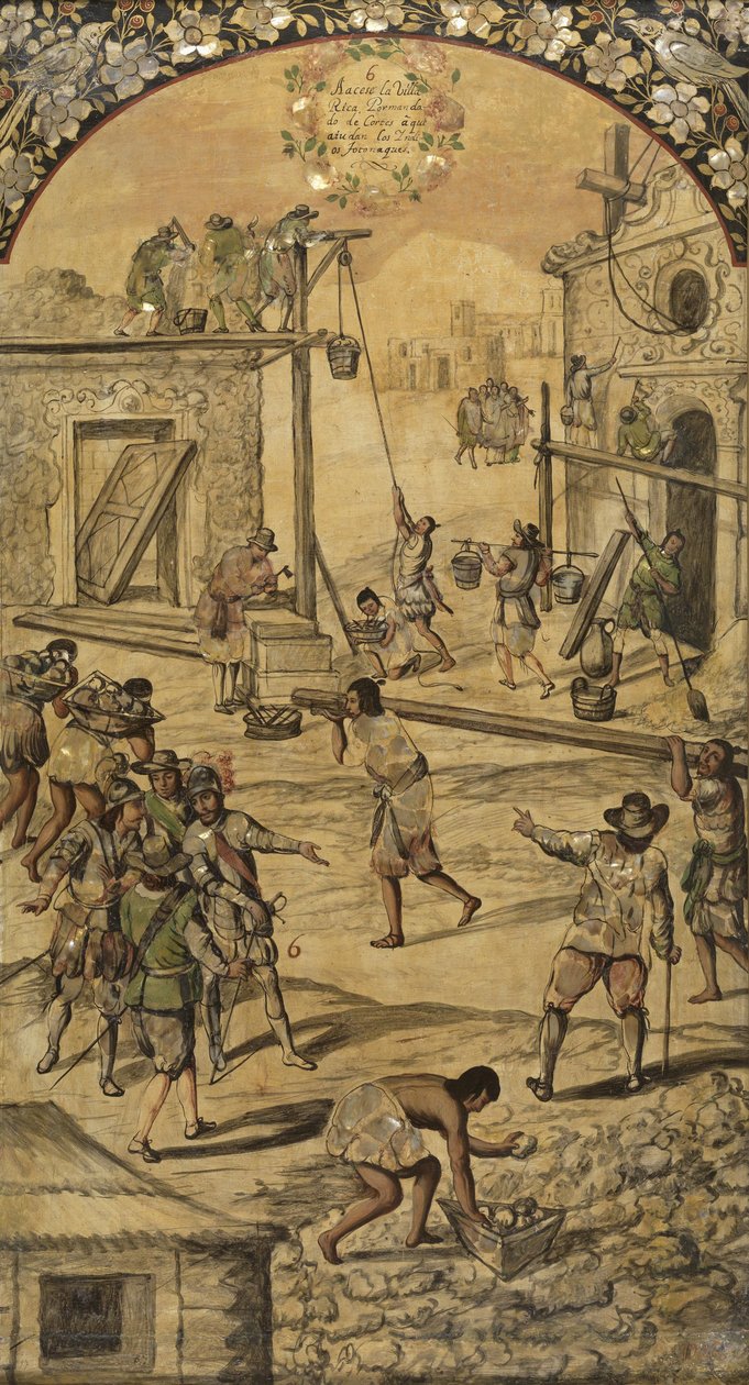 Hernan Cortes par Gonzalezin, Miguelin ja Juanin Meksikon valloitus (aktiivinen 1600-luvun loppu). Öljy puulle tekijältä Miguel and Juan Gonzalez
