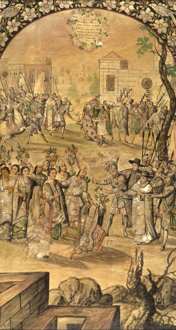 Hernan Cortes par Gonzalezin, Miguelin ja Juanin Meksikon valloitus (aktiivinen 1600-luvun loppu). Öljy puulle, koko: 97x53 tekijältä Miguel and Juan Gonzalez