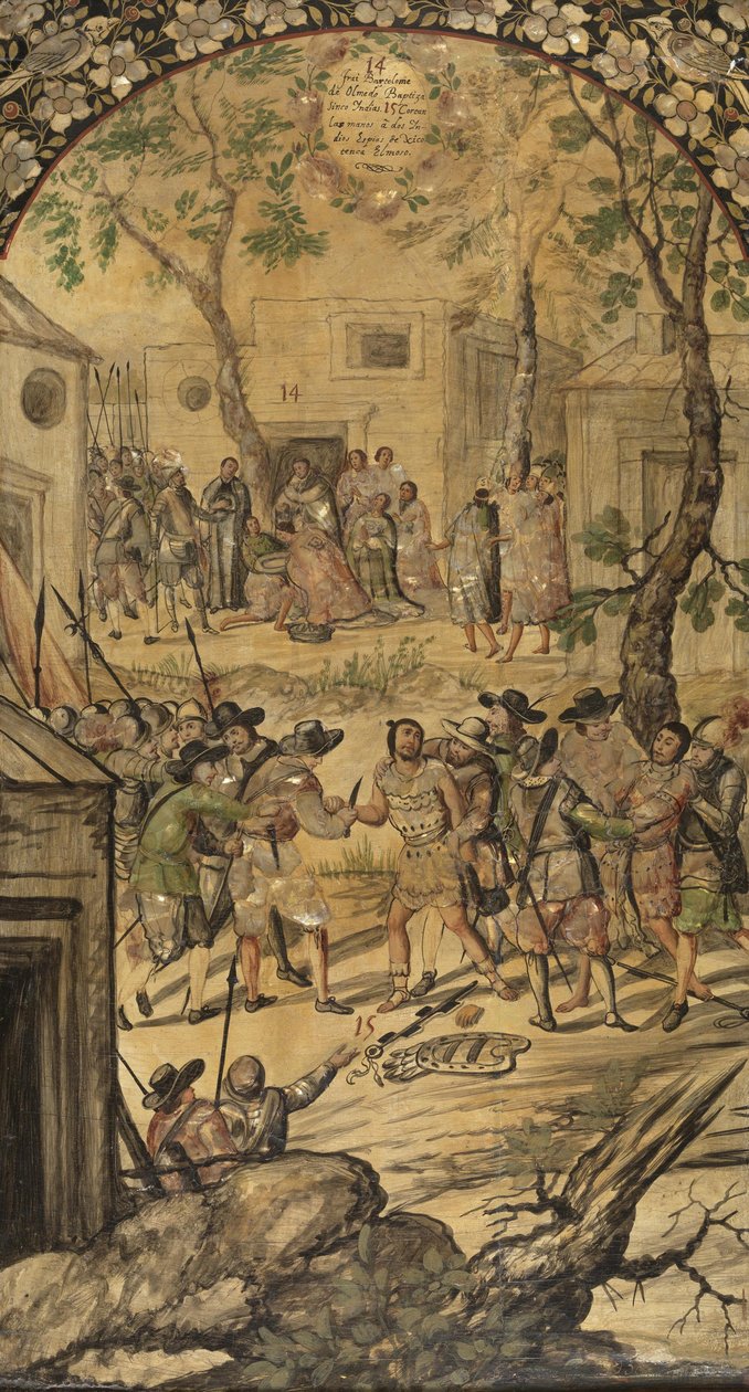Hernan Cortes par Gonzalezin, Miguelin ja Juanin Meksikon valloitus (aktiivinen 1600-luvun loppu). Öljy puulle, koko: 97x53 tekijältä Miguel and Juan Gonzalez