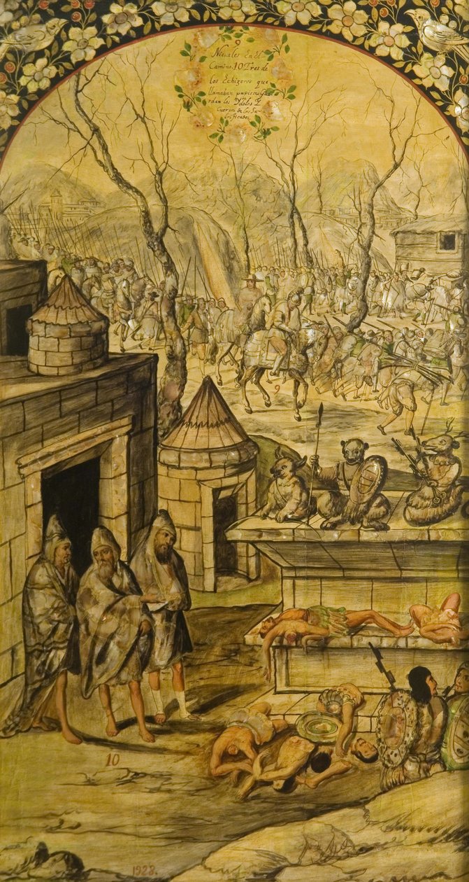Hernan Cortes par Gonzalezin, Miguelin ja Juanin Meksikon valloitus (aktiivinen 1600-luvun loppu). Öljy puulle, koko: 97x53 tekijältä Miguel and Juan Gonzalez